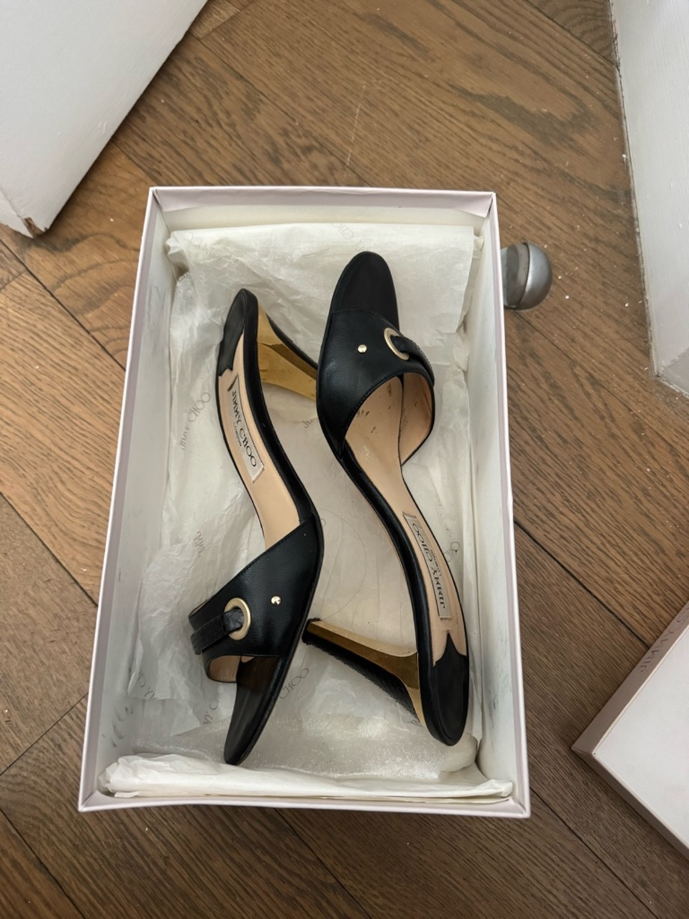 Jimmy Choo Black Leather Slide Heels with Gold-Tone Eyelets - Picture 2 of 7